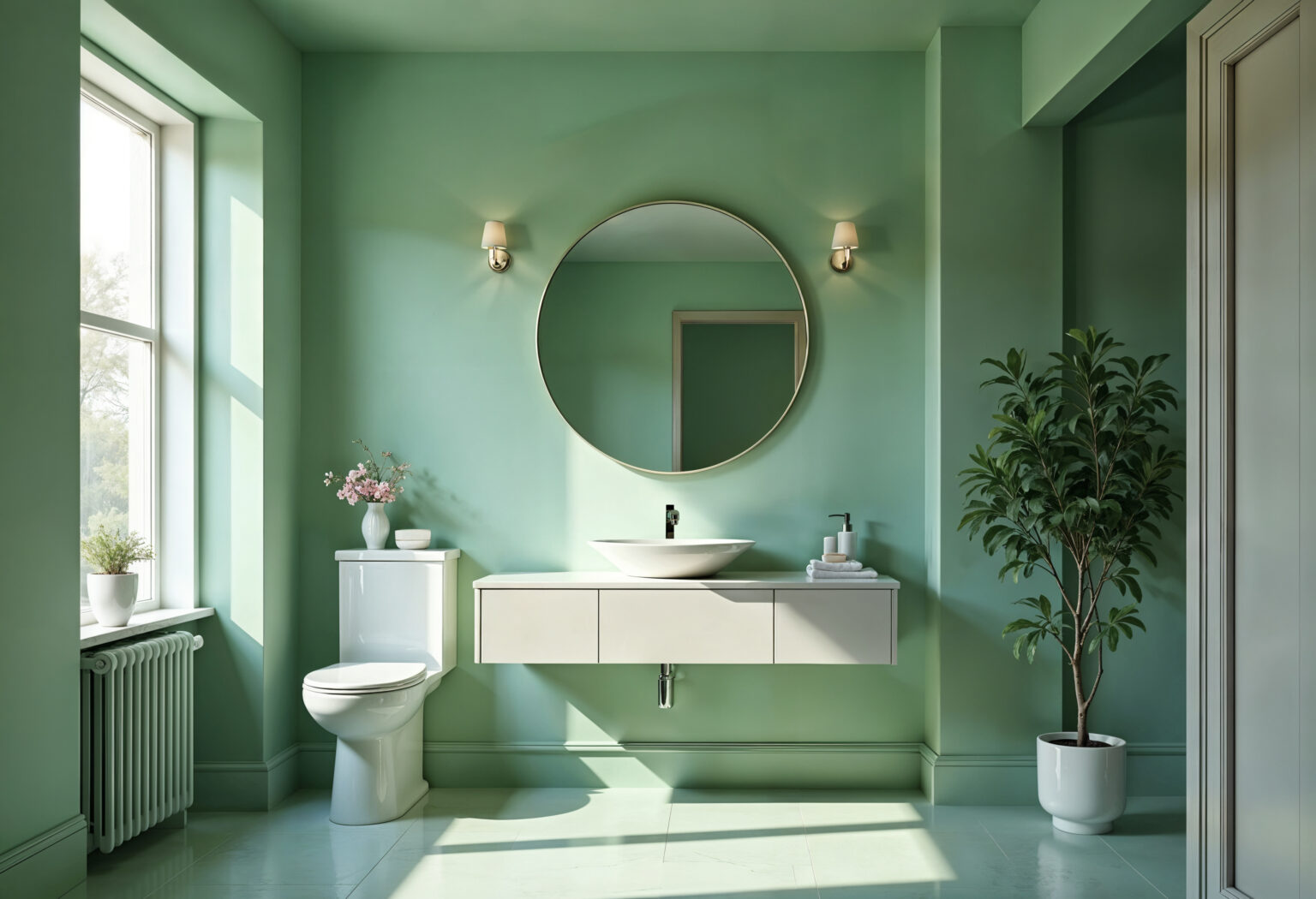 elegant modern green bathroom interior with natural light