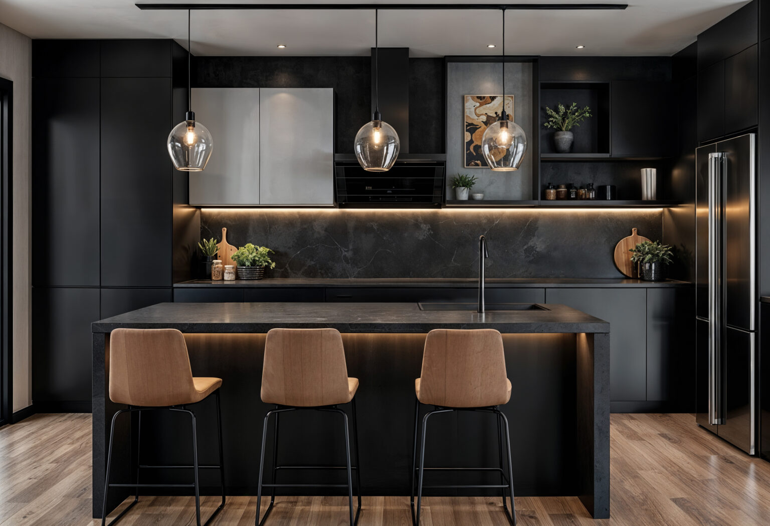 modern black kitchen with island pendant lights